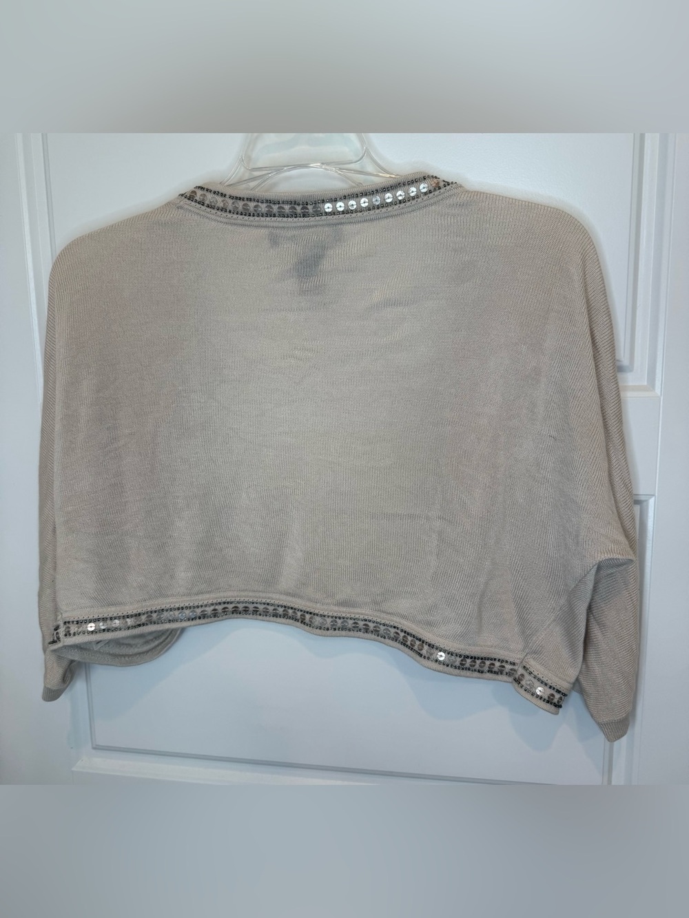 White House Black Market Beige Cropped Shrug Beaded Sequence Size Large - Picture 5 of 8